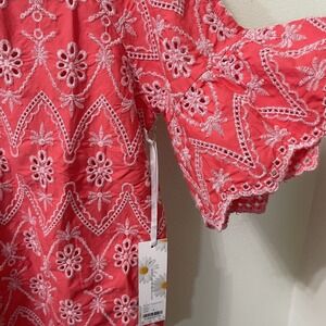 NWT Given Kale Pink Embroidered Eyelet Cotton Boho Flutter Sleeve Blouse M